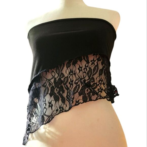 Strapless Black Lace Bandeau Crop Tube Top Asymmetrical Hem - Women's Size Large - Picture 2 of 9